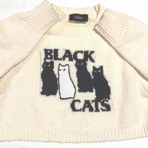 Cider Black Cats Cream Colored Cropped Crew Neck Pullover Sweater